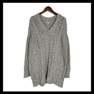 LL Bean Signature Sweater Black White Cable Knit Fisherman Tunic Womens L